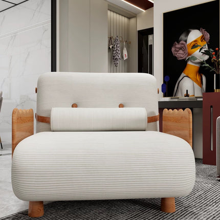 Alba Leisure Chair  White Corduroy Upholstery | Natural Wooden Frame | Cozy & Stylish