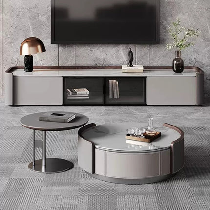 Bundle Deal White Gray Color Patchwork Saddle Leather Snow Mountain White Rock Board TV Cabinet+Coffee Table