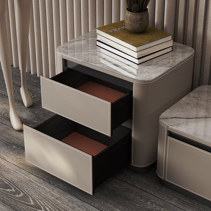 Beige saddle leather snow mountain white rock panel two bucket cabinet