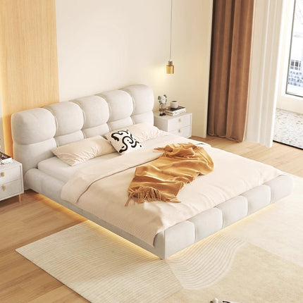 Brielle Bed – Rice White 4-Grid Upholstered Headboard