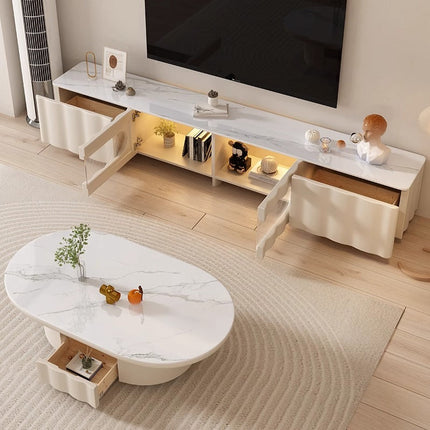 Bundle Deal Cream White TV Cabinet+Corrugated Base Coffee Table
