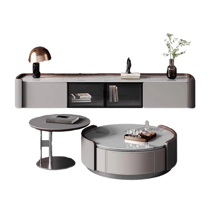 Bundle Deal White Gray Color Patchwork Saddle Leather Snow Mountain White Rock Board TV Cabinet+Coffee Table