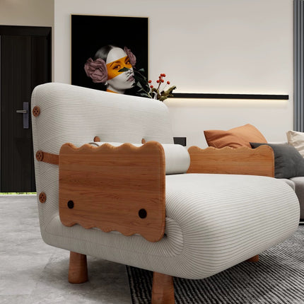 Alba Leisure Chair  White Corduroy Upholstery | Natural Wooden Frame | Cozy & Stylish