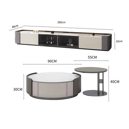 Bundle Deal White Gray Color Patchwork Saddle Leather Snow Mountain White Rock Board TV Cabinet+Coffee Table
