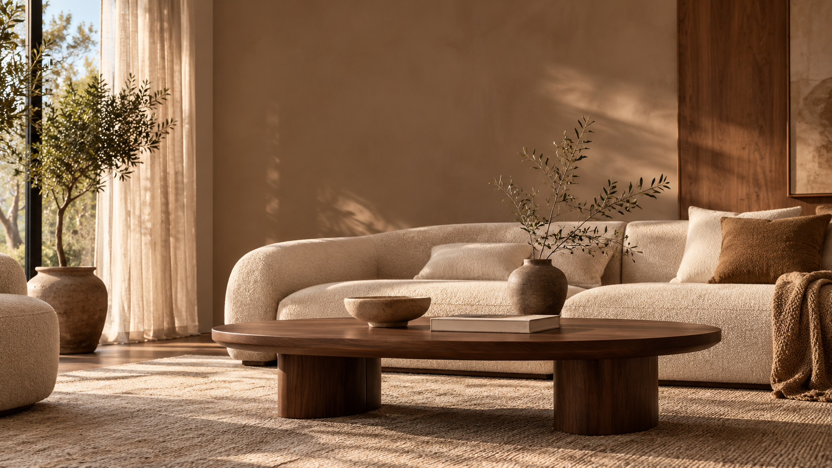 Warm minimalist living room with walnut coffee table — illustrative editorial scene