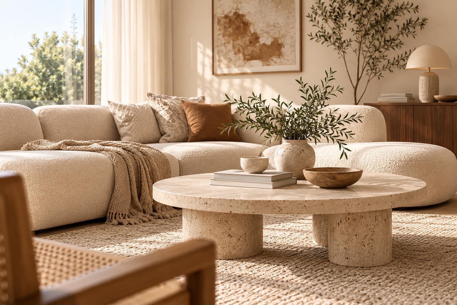 Illustrative warm neutral Australian living room with a round coffee table