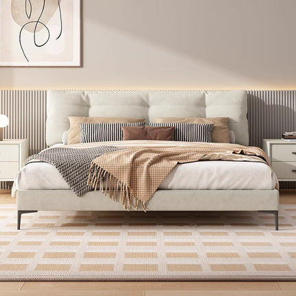 PRE SALE Genuine Leather Cream White Soft-Covered Solid Wood Bed 153 With Two Bedside Table