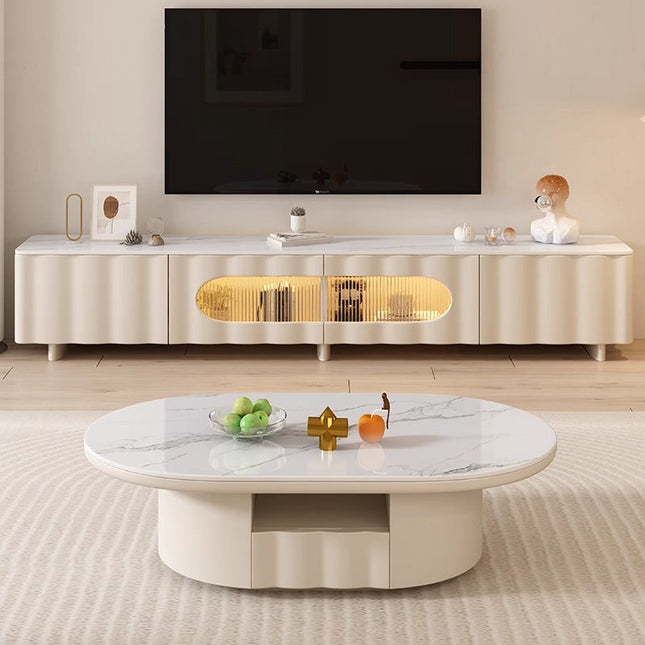 Bundle Deal Cream White TV Cabinet+Corrugated Base Coffee Table