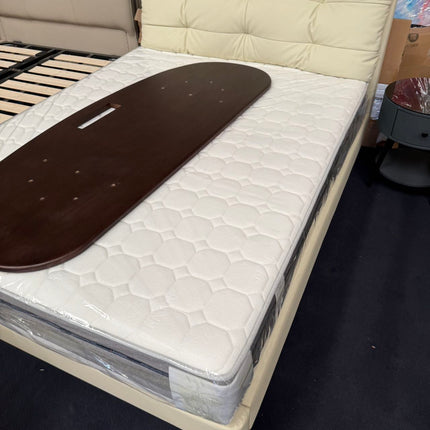 PRE SALE Genuine Leather Cream White Soft-Covered Solid Wood Bed 153 With Two Bedside Table