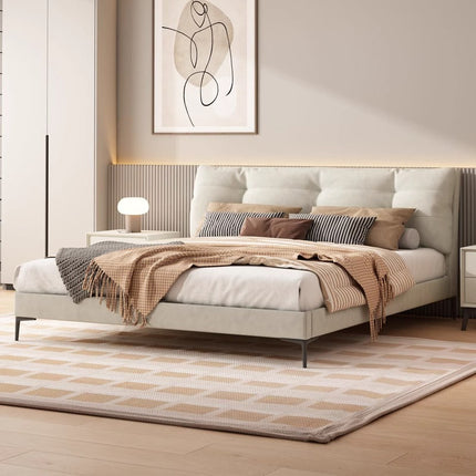 PRE SALE Genuine Leather Cream White Soft-Covered Solid Wood Bed 153 With Two Bedside Table