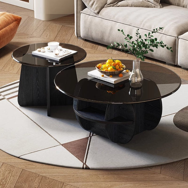 Black/wood glass black special-shaped base large and small combination coffee table