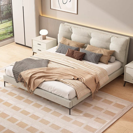 PRE SALE Genuine Leather Cream White Soft-Covered Solid Wood Bed 153 With Two Bedside Table