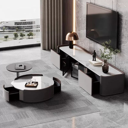 Bundle Deal White Gray Color Patchwork Saddle Leather Snow Mountain White Rock Board TV Cabinet+Coffee Table
