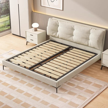 PRE SALE Genuine Leather Cream White Soft-Covered Solid Wood Bed 153 With Two Bedside Table