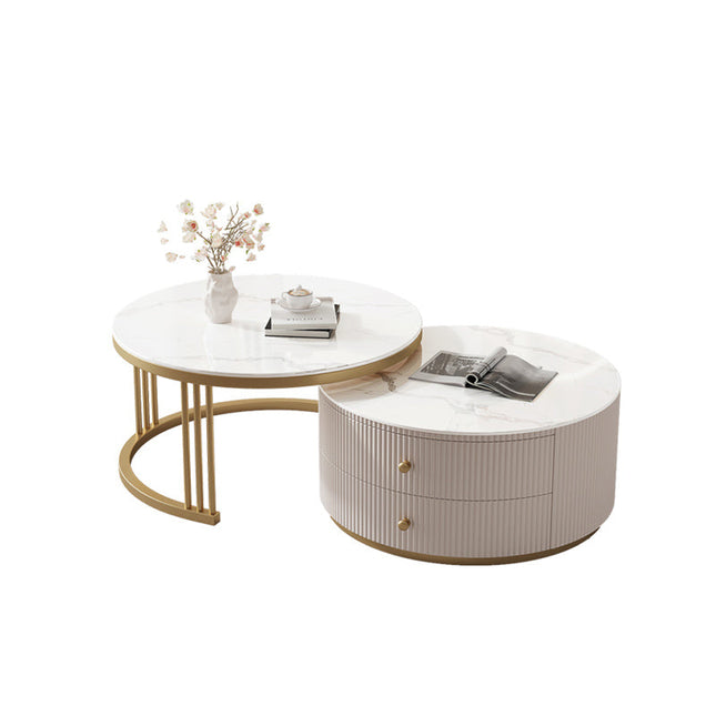 Pre Sale Circular white rock panel cabinet with golden iron art small coffee table
