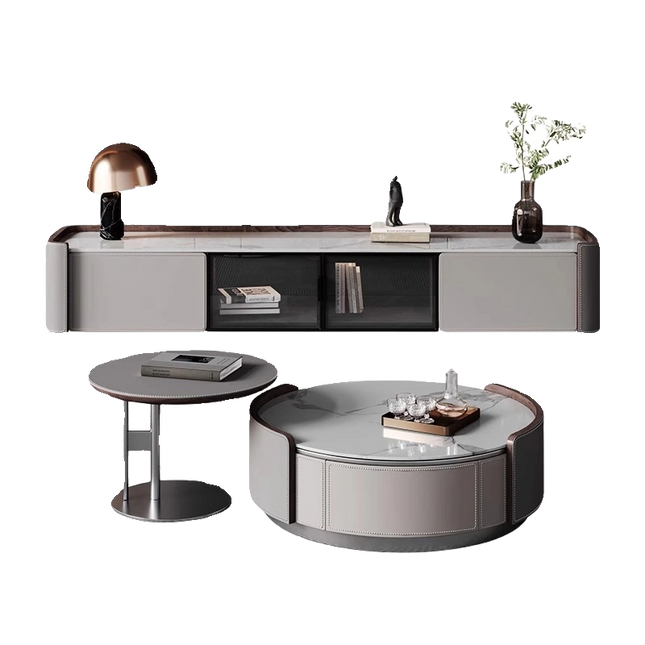 Bundle Deal White Gray Color Patchwork Saddle Leather Snow Mountain White Rock Board TV Cabinet+Coffee Table