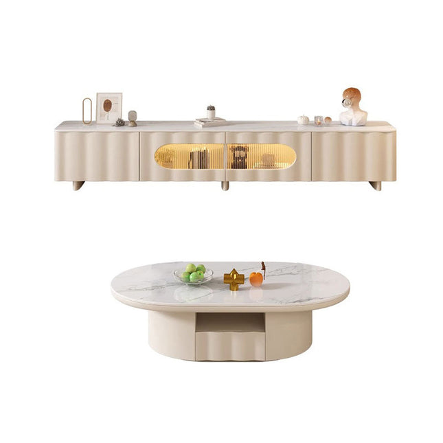 Bundle Deal Cream White TV Cabinet+Corrugated Base Coffee Table