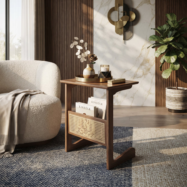 Light Walnut Ash Wood Rattan Woven Xile Side Table