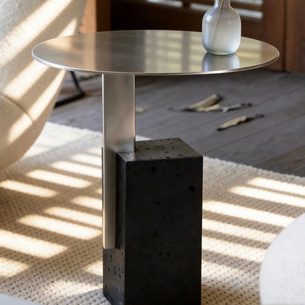 Italian Minimalist Travertine Side Table | Bauhaus Stainless Steel