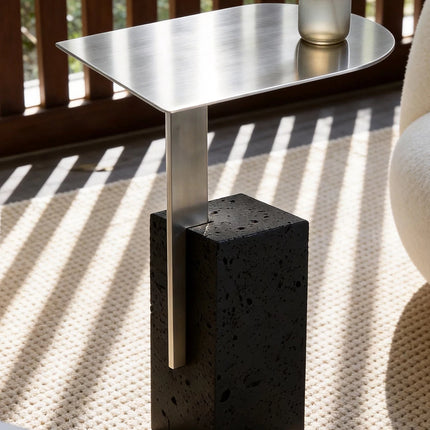 Italian Minimalist Travertine Side Table | Bauhaus Stainless Steel