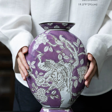 Phoenix Relief Flat Decorative Vase | New Chinese Style