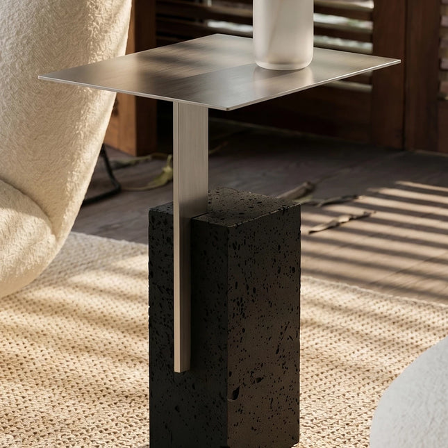 Italian Minimalist Travertine Side Table | Bauhaus Stainless Steel