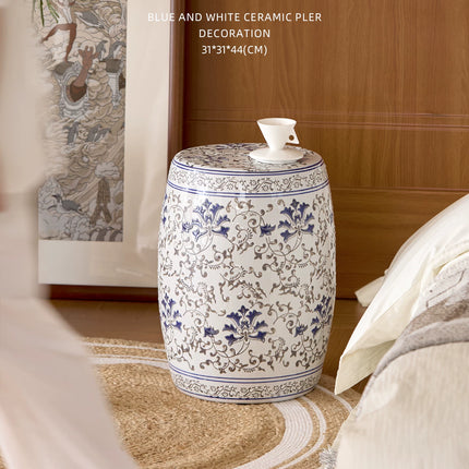 Embossed Blue and White Ceramic Drum Stool | Oriental Elegance | 1047705659612