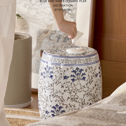Embossed Blue and White Ceramic Drum Stool | Oriental Elegance | 1047705659612