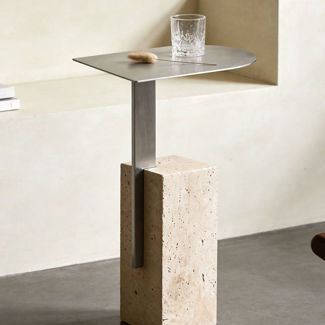 Retro Travertine Side Table | Stainless Steel Base