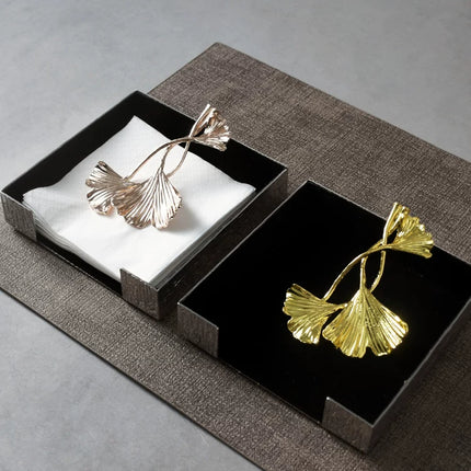 Square Napkin Holder With Ginkgo Leaf Pattern Wood Grain Stainless Steel