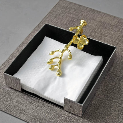 Square Napkin Holder With Ginkgo Leaf Pattern Wood Grain Stainless Steel