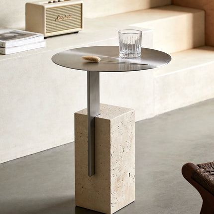 Retro Travertine Side Table | Stainless Steel Base
