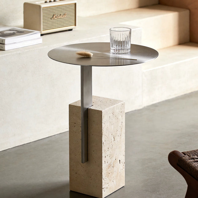 Retro Travertine Side Table | Stainless Steel Base