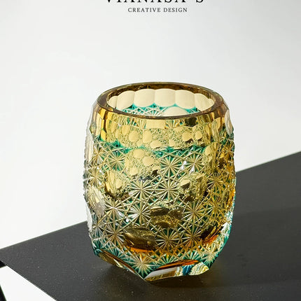 Handmade Edo Kiriko Whiskey Glass - Seven Stars Blue Daisy