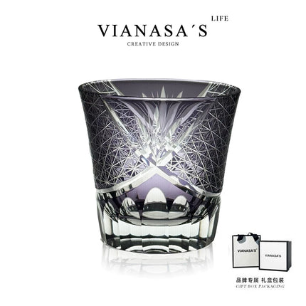 Handmade Japanese Edo Kiriko Crystal Whiskey Glass Red Chrysanthemum