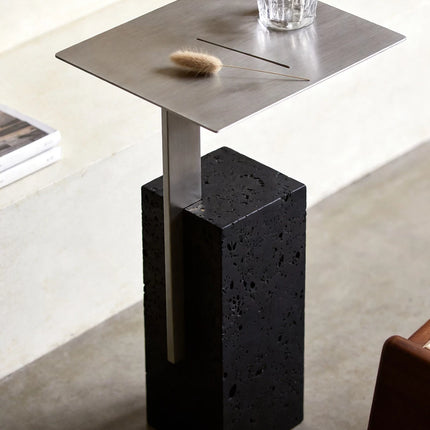 Italian Minimalist Travertine Side Table | Bauhaus Stainless Steel