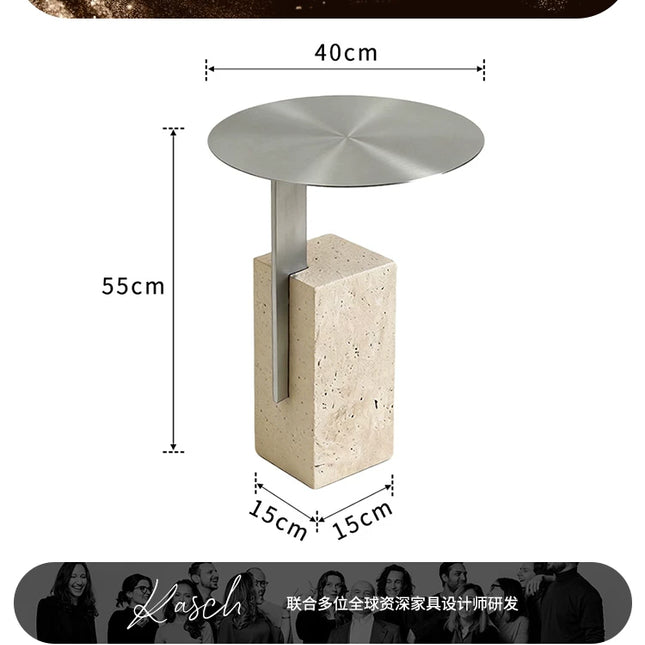 Retro Travertine Side Table | Stainless Steel Base
