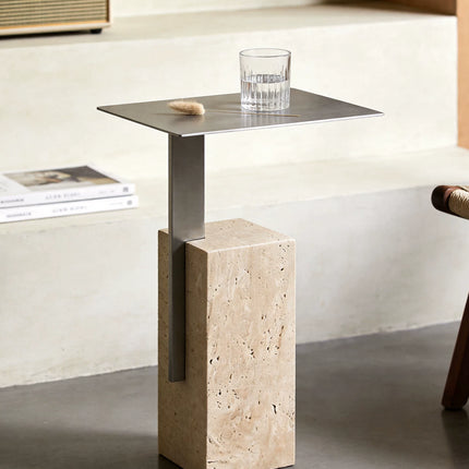 Retro Travertine Side Table | Stainless Steel Base