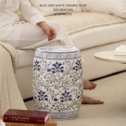 Embossed Blue and White Ceramic Drum Stool | Oriental Elegance | 1047705659612