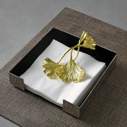 Square Napkin Holder With Ginkgo Leaf Pattern Wood Grain Stainless Steel