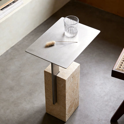Retro Travertine Side Table | Stainless Steel Base