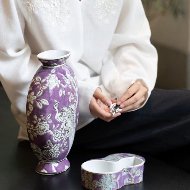 Phoenix Relief Flat Decorative Vase | New Chinese Style