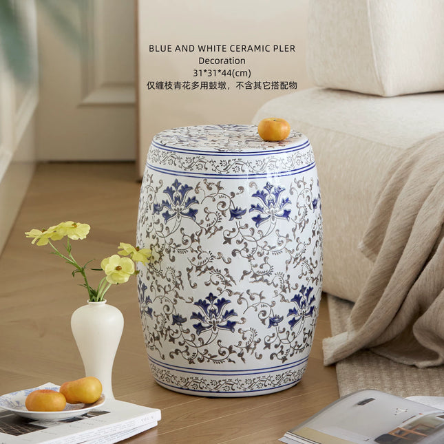 Embossed Blue and White Ceramic Drum Stool | Oriental Elegance | 1047705659612