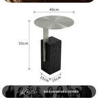 Square Base Black Travertine/Round Side Table (Brushed Stainless Steel)