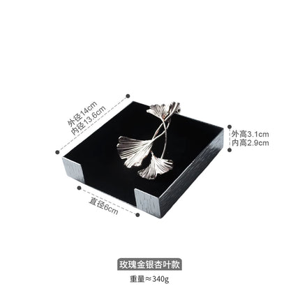 Square Napkin Holder With Ginkgo Leaf Pattern Wood Grain Stainless Steel