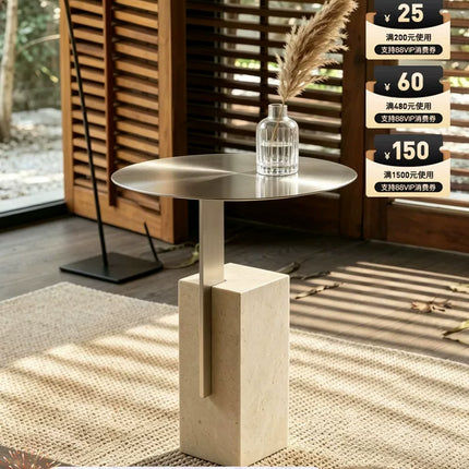 Retro Travertine Side Table | Stainless Steel Base