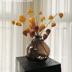 Four cocoa-colored lantern fruits + brown-coffee cold-grained vases