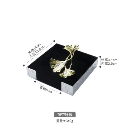 Square Napkin Holder With Ginkgo Leaf Pattern Wood Grain Stainless Steel