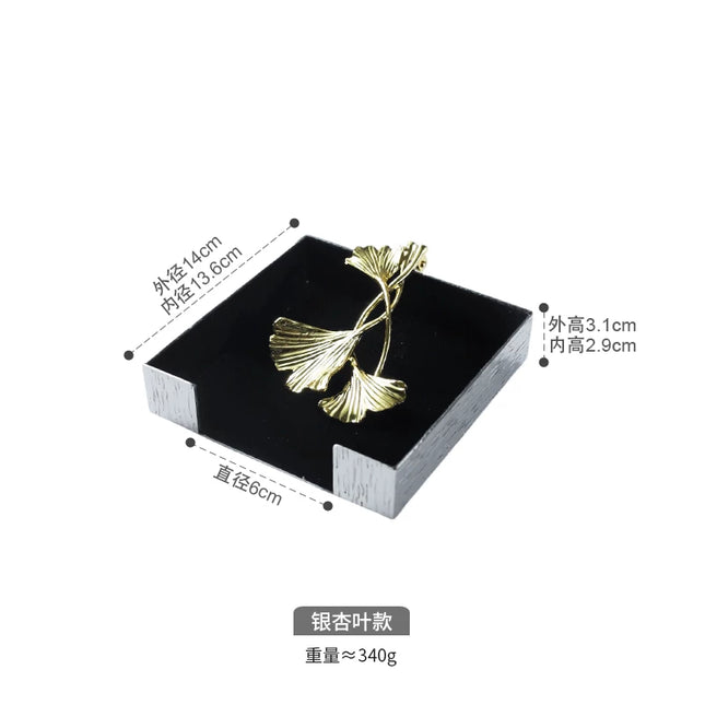 Square Napkin Holder With Ginkgo Leaf Pattern Wood Grain Stainless Steel