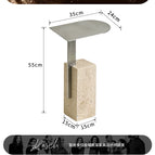 Square Base Yellow Travertine/Semi-Oval Side Table (Brushed Stainless Steel)
